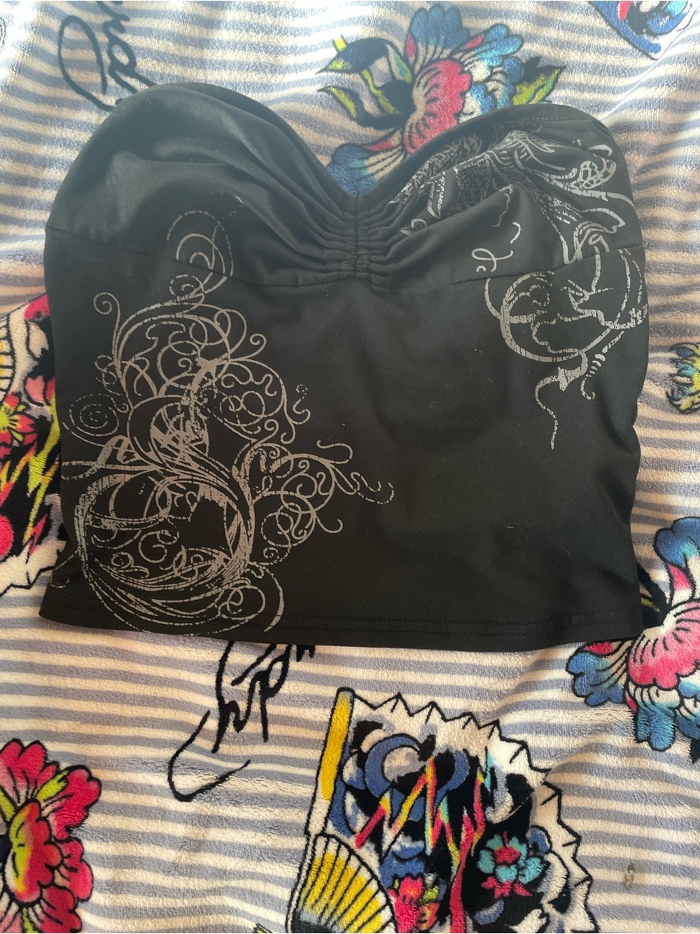 Black Strapless Crop Top with Silver Scroll Print
